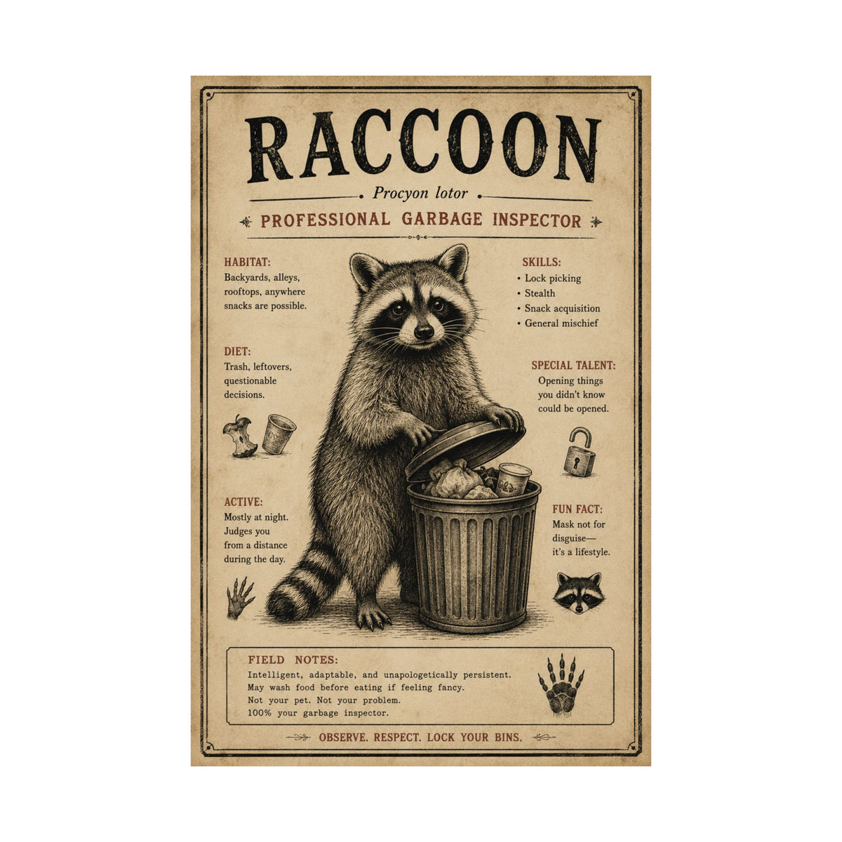 Raccoon Professional Garbage Inspector Poster | Funny Vintage Raccoon Wall Art