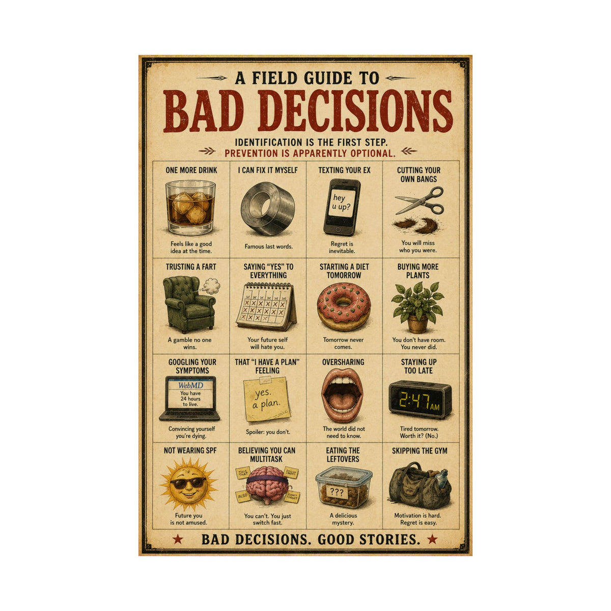 A Field Guide to Bad Decisions Poster | Funny Vintage Wall Art