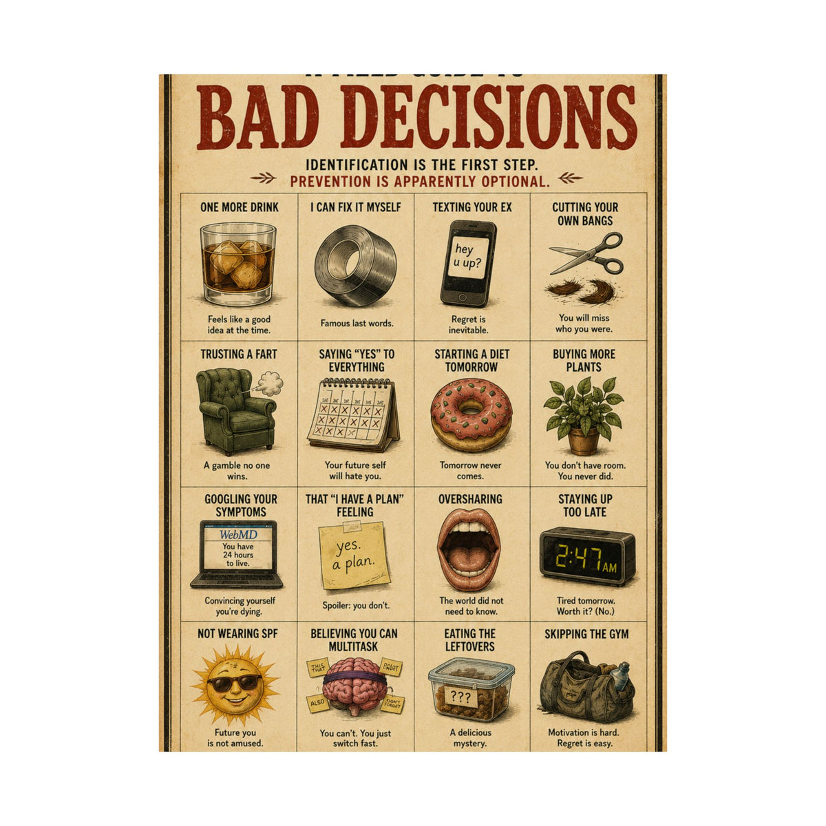 A Field Guide to Bad Decisions Poster | Funny Vintage Wall Art