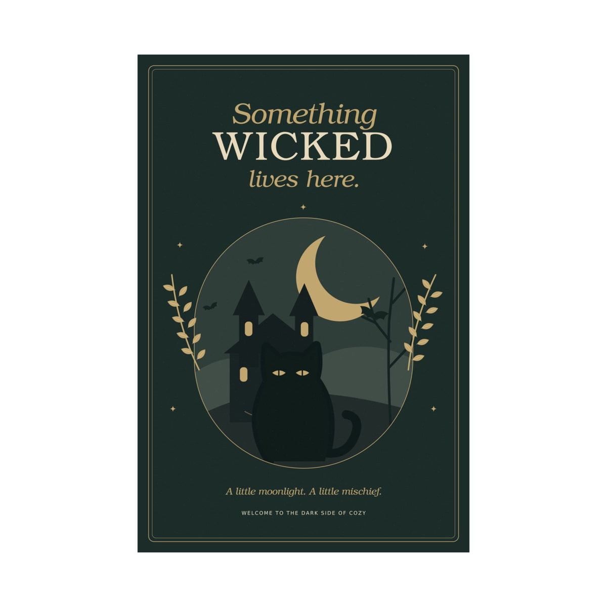Something Wicked Lives Here Poster | Vintage Black Cat Halloween Wall Art