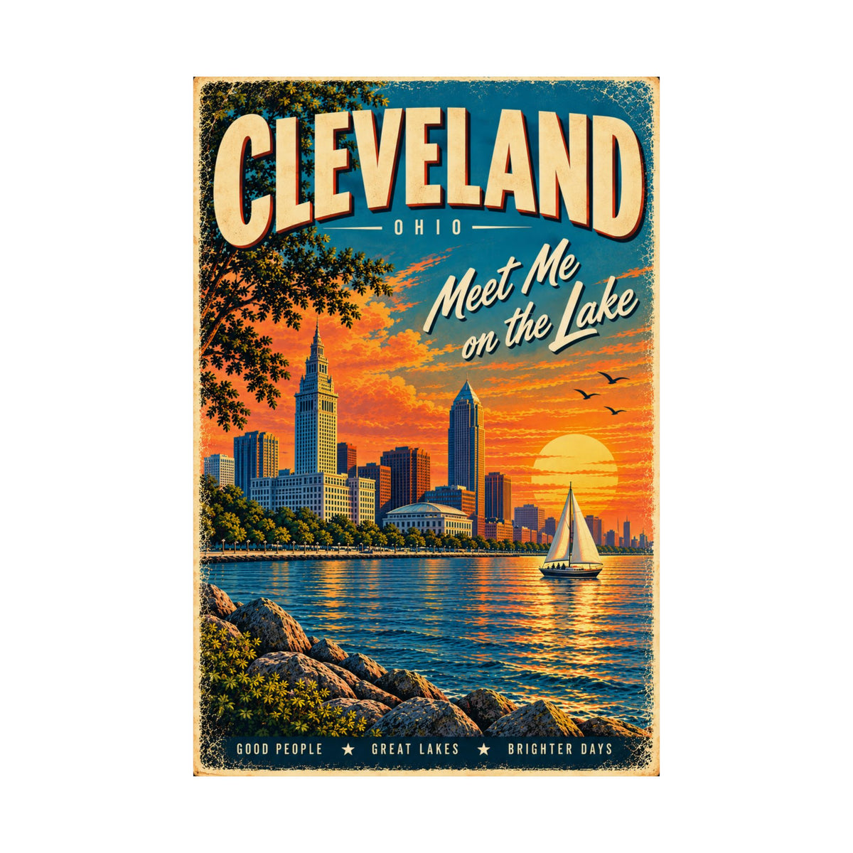 Cleveland Ohio Vintage Travel Poster | Lake Erie Wall Art