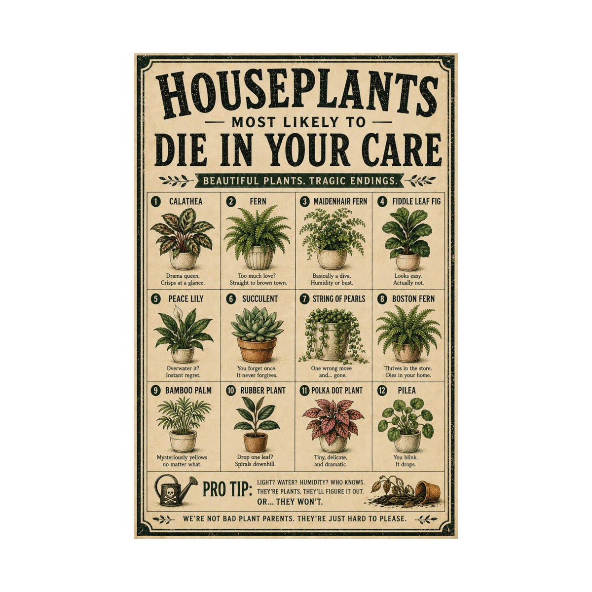 Houseplants Most Likely to Die Poster | Funny Vintage Plant Wall Art