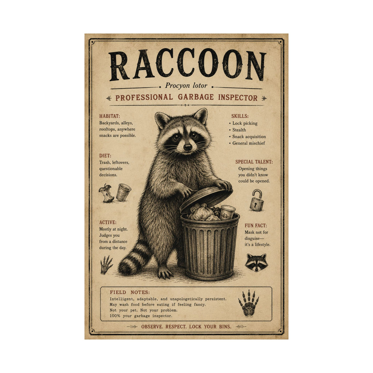 Raccoon Professional Garbage Inspector Poster | Funny Vintage Raccoon Wall Art